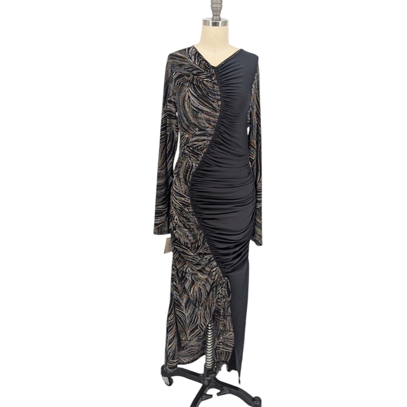 19875 NWOT BCBGMaxazria Mixed Print Ruched Midi Dress Black size Small party - Picture 1 of 9